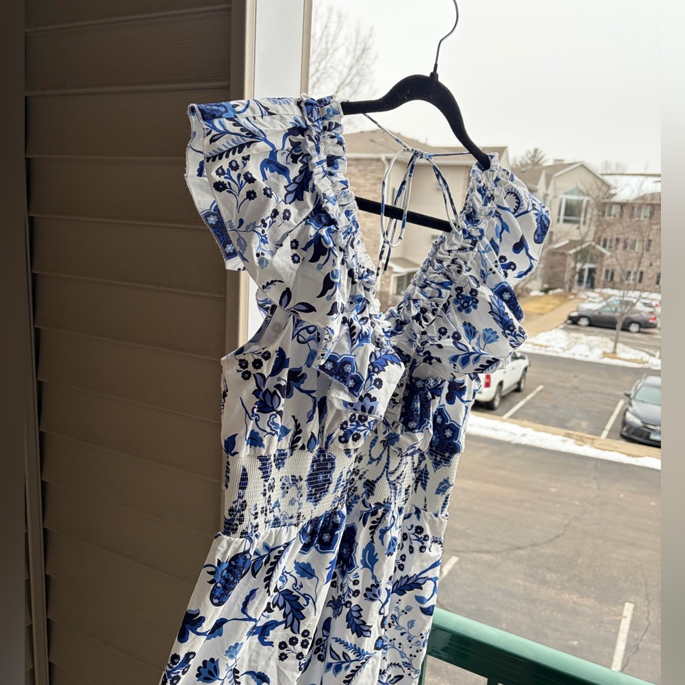 🆕🫐Adrianna Papell Blue White Floral Ruffle Midi Dress Waist Cottagecore 14 NWT - Picture 7 of 17